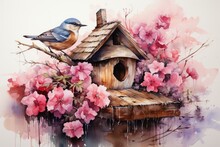Garden Birds On The Birdhouse With Spring Flowers. Generative AI