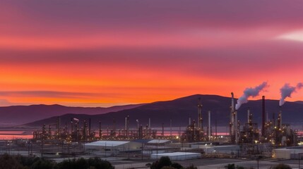 Sticker - a sunset view of an oil refinery and mountains with fog in the sky