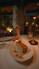 Sticker - Vertical slow motion video of caramel cream cake served by the waiter to the table