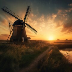 Wall Mural - Old windmills generate energy with sunset light. Generative Ai.