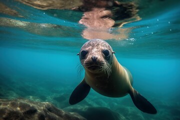 Wall Mural - AI-generated illustration of a seal swimming along the ocean floor, captured in perfect clarity.