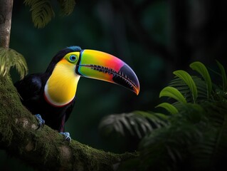 Sticker - AI-generated illustration of a toucan perched on a branch with green foliage.