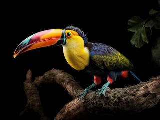 Sticker - AI-generated illustration of a toucan perched on a branch in a jungle environment.