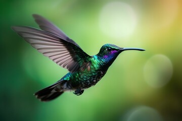 Canvas Print - AI-generated illustration of a colorful hummingbird flying again a green blurry background.