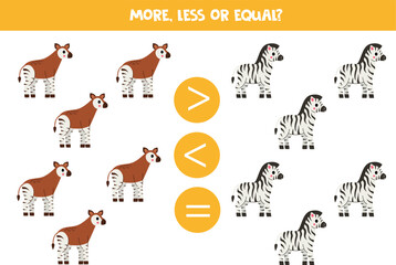  More, less or equal with cartoon okapi and zebra.