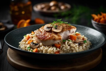 Wall Mural - a plate of rice and mushrooms next to a bottle of beer