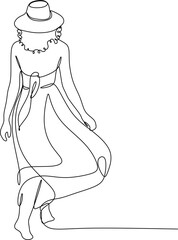Wall Mural - Beautiful woman in long flowing dress in continuous line art drawing style. Girl wearing luxury evening or bridal gown. Minimalist black linear sketch isolated on white background. Vector illustration