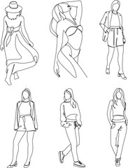 Stylish fashion models set. Abstract stylized female figures. Fashion womans sketch style. Isolated objects on white background. Vector illustration