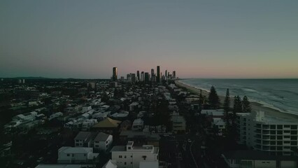 Poster - Aerial of the beach in Gold Coast Australia alongside the ocean during the sunset