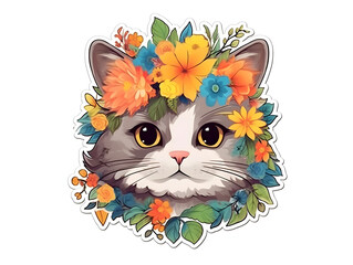  Cat, cute flower style, sticker, white background Generative AI
