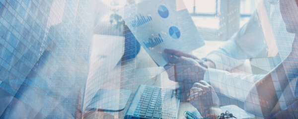 business people hands closeup in modern office, financial report, double exposure business banner.