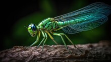  A Close Up Of A Green Dragonfly On A Rock.  Generative Ai