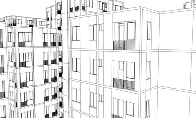 Sticker - Illustration of an apartment facade, line drawing blueprint