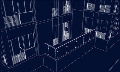 Canvas Print - Illustration of an apartment facade, line drawing blueprint