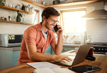online communication, man on a phone call and with laptop in kitchen for remote work at home with le