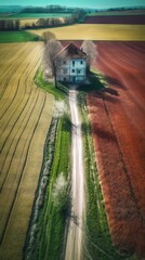 Canvas Print -  a house in a field with a dirt road leading to it.  generative ai