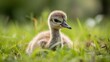  a baby duck sitting in the grass with its head turned.  generative ai