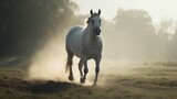 Fototapeta Konie -  a white horse running in a field with trees in the background.  generative ai