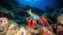  A Colorful Lobster Is On The Ocean Floor With Corals.  Generative Ai