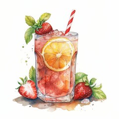 Wall Mural - AI-generated illustration of a watercolor painting of an iced drink with strawberries and oranges.