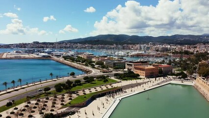 Wall Mural - Landscape aerial view of Palma with many yachts and ships in city port marina in Mallorca