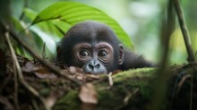  A Baby Gorilla Laying On Top Of A Lush Green Forest.  Generative Ai