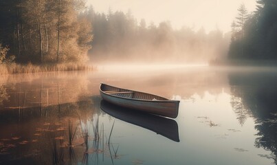  a canoe is sitting on the water in a foggy forest lake with trees in the background and a foggy sky in the distance.  generative ai