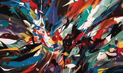 Wall Mural -  a painting of a multicolored bird with a black background and a white background with a red, yellow, blue, green, and black bird.  generative ai