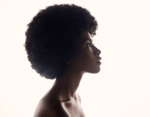 Poster - Hair care, silhouette and profile of black woman with afro hairstyle, beauty and skincare on grey background. Natural haircare, cosmetics and face of African model with skin glow and shine in studio.