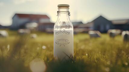 bottle of milk, glass bottle, milk, in a farm, organic milk, cows and field in the background, produced, locally, healthy food, locally produced, made with generative AI