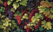  a painting of a bunch of grapes on a vine with green leaves and red berries on the vine with green leaves and yellow leaves on the vine.  generative ai