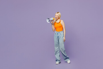 Wall Mural - Full body young blonde woman wear orange tank shirt casual clothes hold in hand megaphone scream announces discounts sale Hurry up isolated on plain pastel light purple background. Lifestyle concept.