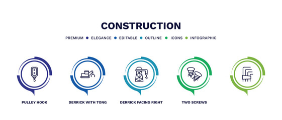 Poster - set of construction thin line icons. construction outline icons with infographic template. linear icons such as pulley hook, derrick with tong, derrick facing right, two screws, vector.