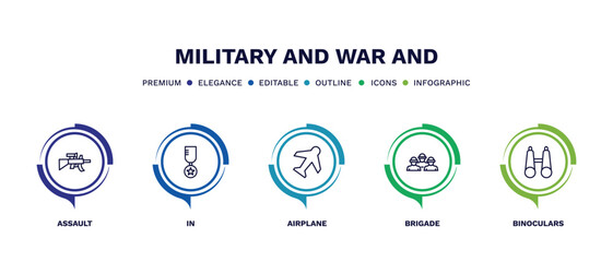 set of military and war and thin line icons. military and war outline icons with infographic template. linear icons such as assault, in, airplane, brigade, binoculars vector.