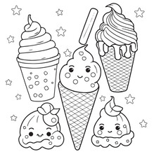 Vector Hand Drawn Ice Cream Outline Illustration. Coloring Page For Kids And Adults. Print Design, T-shirt Design, Tattoo Design, Mural Art, Line Art.