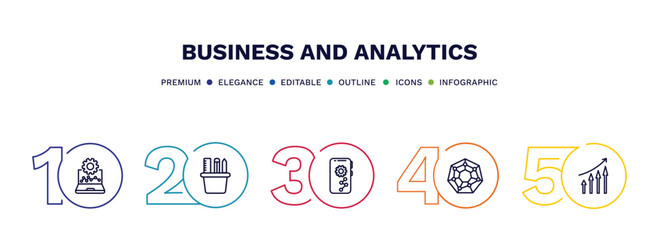 Canvas Print - set of business and analytics thin line icons. business and analytics outline icons with infographic template. linear icons such as laptop with analysis, supplies, mobile analytics, radar chart,