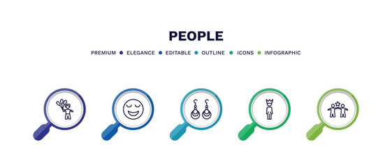 Wall Mural - set of people thin line icons. people outline icons with infographic template. linear icons such as man child and balloons, relieved smile, earings, man with crown, succes team vector.