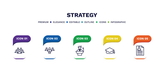 Canvas Print - set of strategy thin line icons. strategy outline icons with infographic template. linear icons such as teamwork, leader, conference, graduation, resume vector.