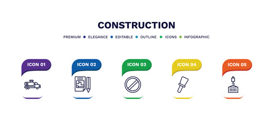 Wall Mural - set of construction thin line icons. construction outline icons with infographic template. linear icons such as tank truck, , construction palette, derrick with load