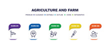 Set Of Agriculture And Farm Thin Line Icons. Agriculture And Farm Outline Icons With Infographic Template. Linear Icons Such As Vane, Sheep, Vegetable, Billhook, Poo Vector.