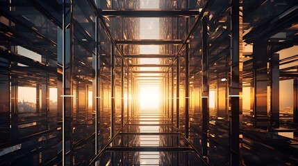 Fascinating perspective of a skyscraper under construction with repeating patterns of steel girders and framework during sunset, with several reflections. Generative AI.