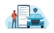 Car insurance concept. Black man draws up an insurance policy for a car online on a smartphone. Vector illustration.
