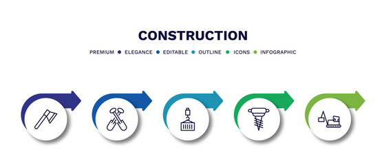 Sticker - set of construction thin line icons. construction outline icons with infographic template. linear icons such as inclined ax, two shovels, derrick with load, pickaxes drilling, derrick with box