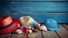 Hats, Sunglasses, Shells And Beach Elements On Wood, In The Style Of Bright Backgrounds, Azure, Red And Azure