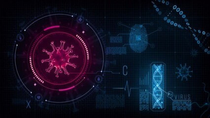 HUD interface panel with 3d Virus. Futuristic data screen with rotating virus model, DNA, animated elements.