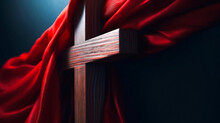 Wooden Cross Of Jesus Covered With Red Shawl. Lent Season And Religion Concept