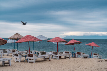 Wall Mural - Sun bed chairs with matress and straw beach umbrellas on beach. Blue hour time background by the sea..