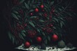 Beautiful dark christmas scene with christmasbaubles and holly, red and green