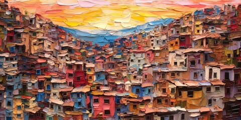 AI Generated. AI Generative. Brazil Rio Favela city urban town poor house building color landscape. Adventure travel draw paint art vibe. Graphic Art