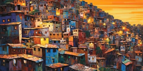 AI Generated. AI Generative. Brazil Rio Favela city urban town poor house building color landscape. Adventure travel draw paint art vibe. Graphic Art